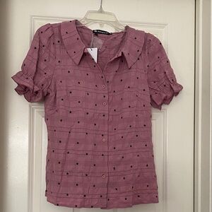 Allegra K Mauve Pink Star-Print Button Down Blouse